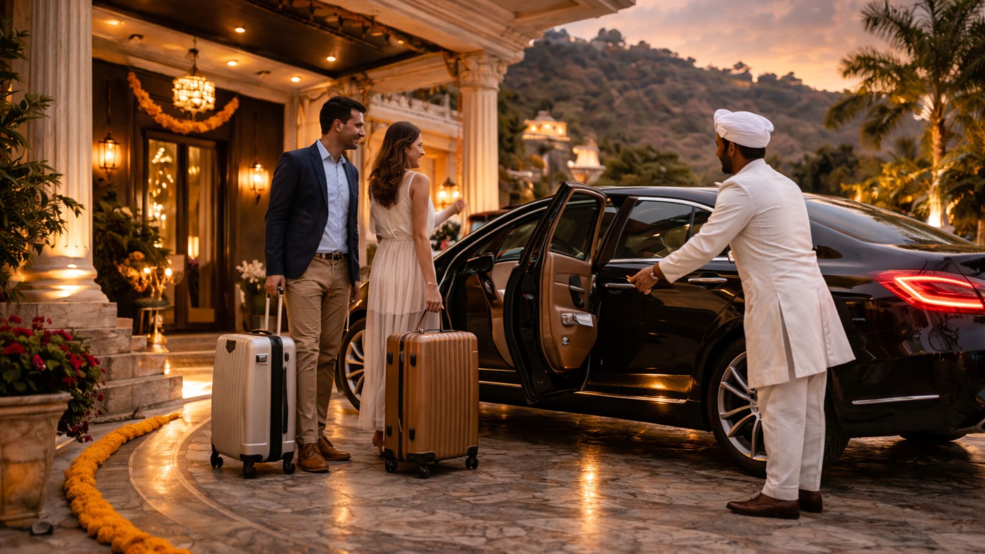 Luxury chauffeur service with guest welcome at a heritage hotel in India